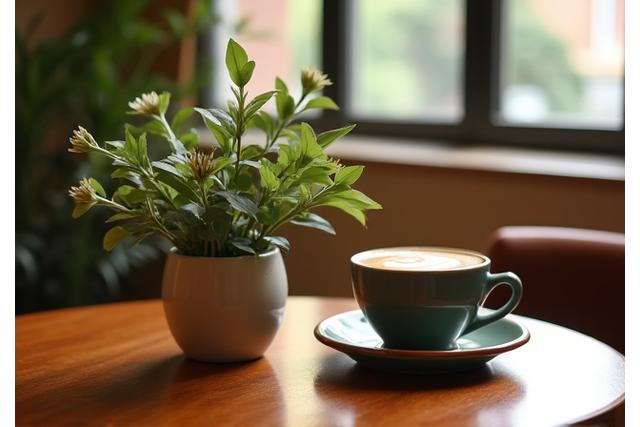 Cozy cafe interior with warm lighting and floral accents, showcasing the elegant and artisanal brand feel of Bunga Kopi, inviting guests.