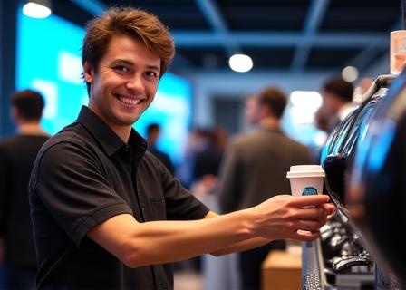 Professional barista serving coffee from a mobile espresso bar at a corporate event.