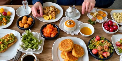 A vibrant and delicious brunch spread with various dishes, fresh fruits, and coffee on a rustic table.