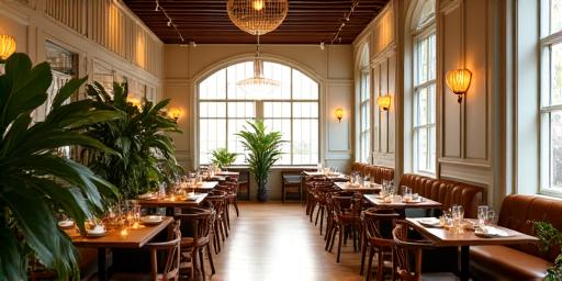 Morning light illuminating the elegant interior of Bunga Kopi cafe, showcasing wooden tables and floral decorations.