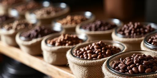Artfully arranged display of roasted coffee beans in burlap sacks and transparent jars, ready for sale.