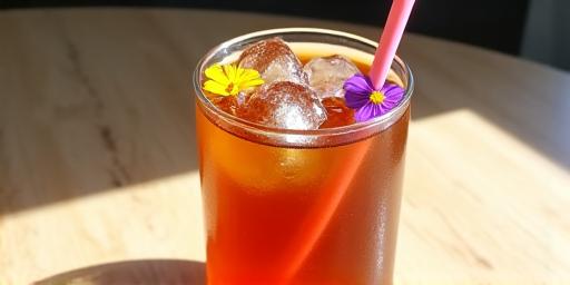 Refreshing cold brew coffee served in a tall glass with ice and an edible flower garnish on a wooden table.