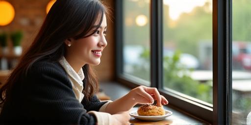 A customer happily enjoying coffee and pastry by the window, bathed in soft afternoon light.