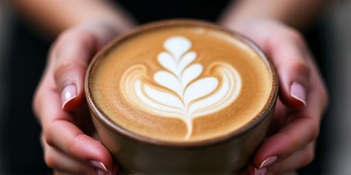 Close-up of a beautifully crafted latte with intricate flower latte art, held by a barista's hands.