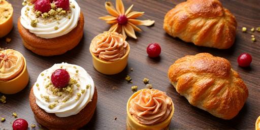 An array of artisanal pastries and cakes displayed elegantly in a cafe, illuminated by soft light.