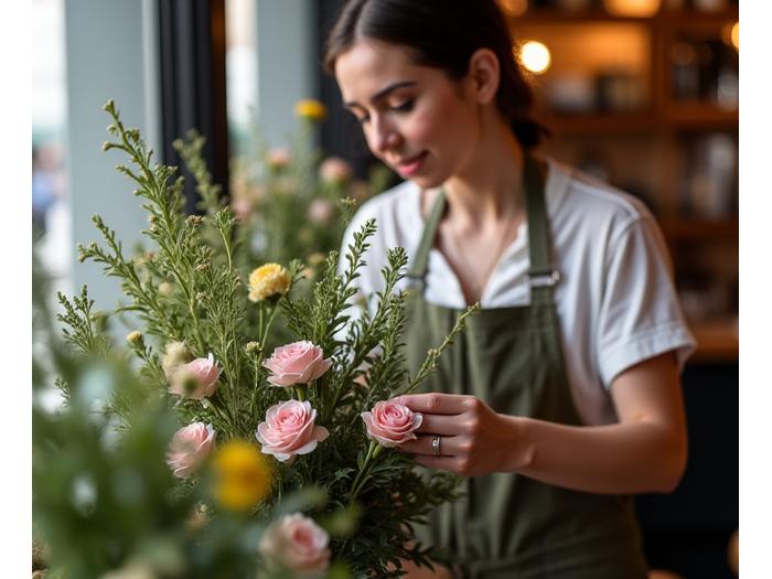 Cafe owner arranging a beautiful floral display