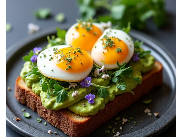 Gourmet avocado toast topped with poached eggs and edible flowers, a healthy brunch option