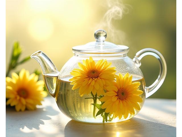 A clear glass teapot with blooming chrysanthemum flowers steeping in hot water, creating a fragrant tea