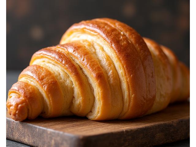 Flaky, golden-brown croissant on a rustic plate, inviting morning customers