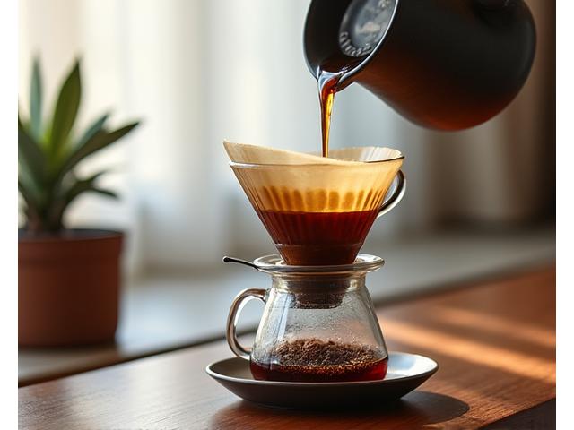 A pour-over coffee setup, with hot water dripping into a coffee filter with freshly ground beans forming a delicious drip coffee