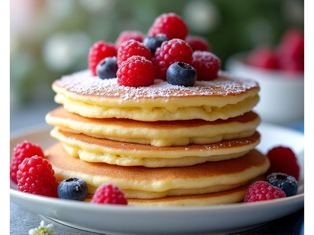 Fluffy pancakes gently topped with fresh berries, edible flowers, and a drizzle of maple syrup, representing a floral-themed brunch