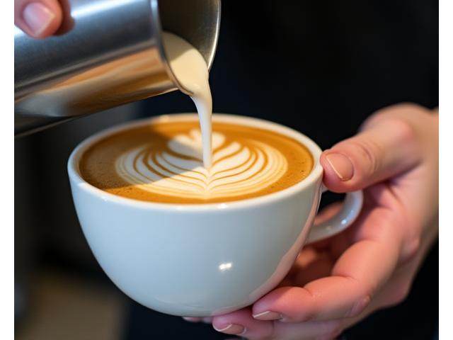 Barista pouring beautiful latte art into a ceramic cup, highlighting coffee craftsmanship
