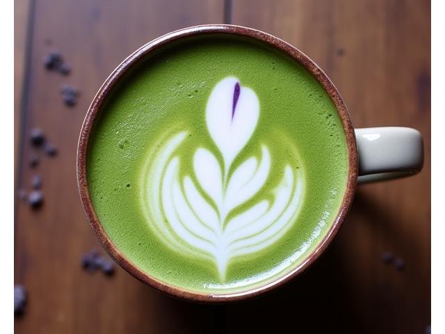Vibrant green matcha latte artfully blended with a hint of lavender, served in a stylish mug
