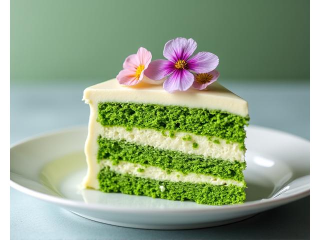 A slice of green matcha cake with layers of cream, garnished with edible flowers, for a cafe's dessert menu