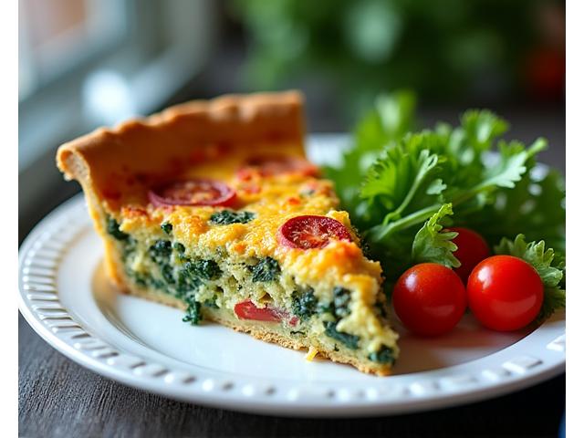 A savory slice of quiche served with a side of fresh green salad and cherry tomatoes, for a light lunch