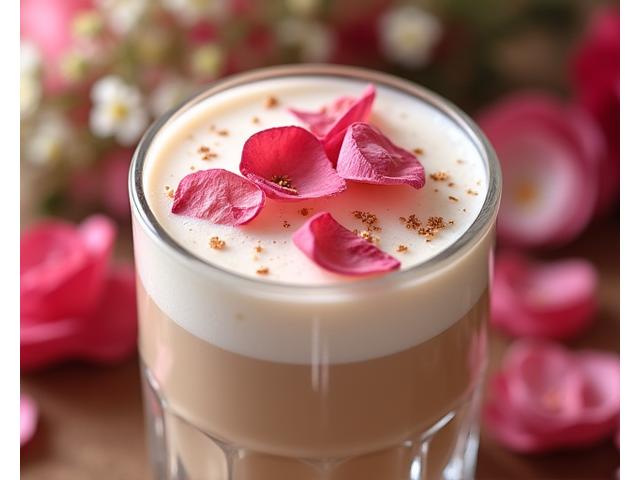 A delicate rose latte with a sprinkle of dried rose petals elegantly presented for a floral-themed cafe