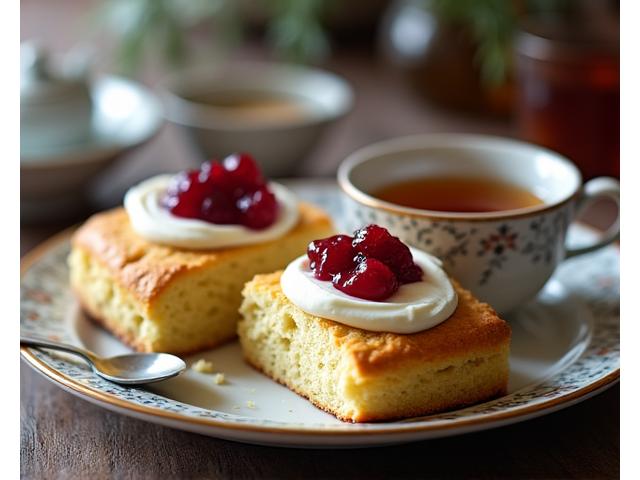 Freshly baked scones with clotted cream and strawberry jam, served with a cup of tea, resembling a high tea setting